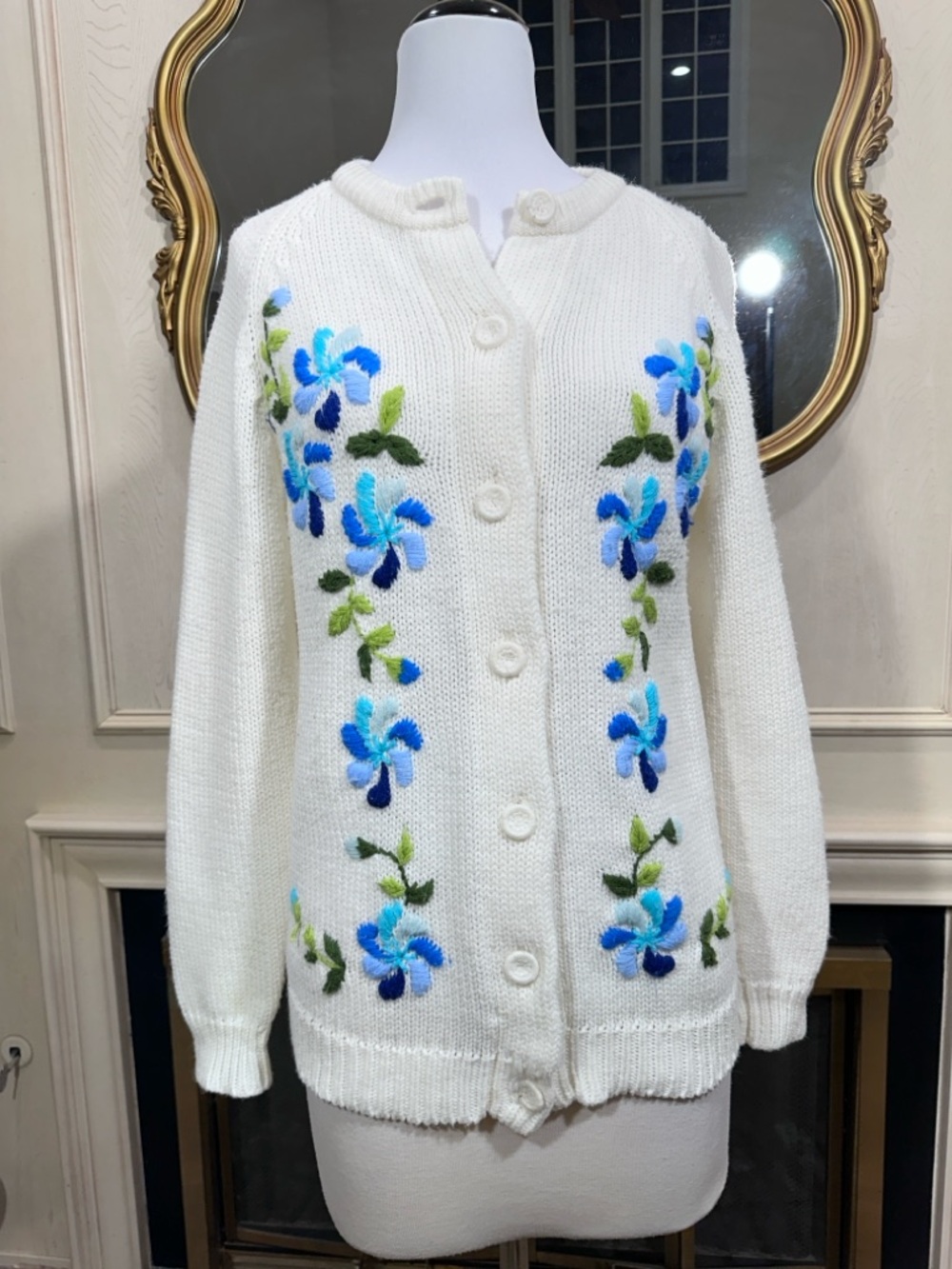 Sears Cardigan Large White Blue Floral Embroidered Cottagecore Boho